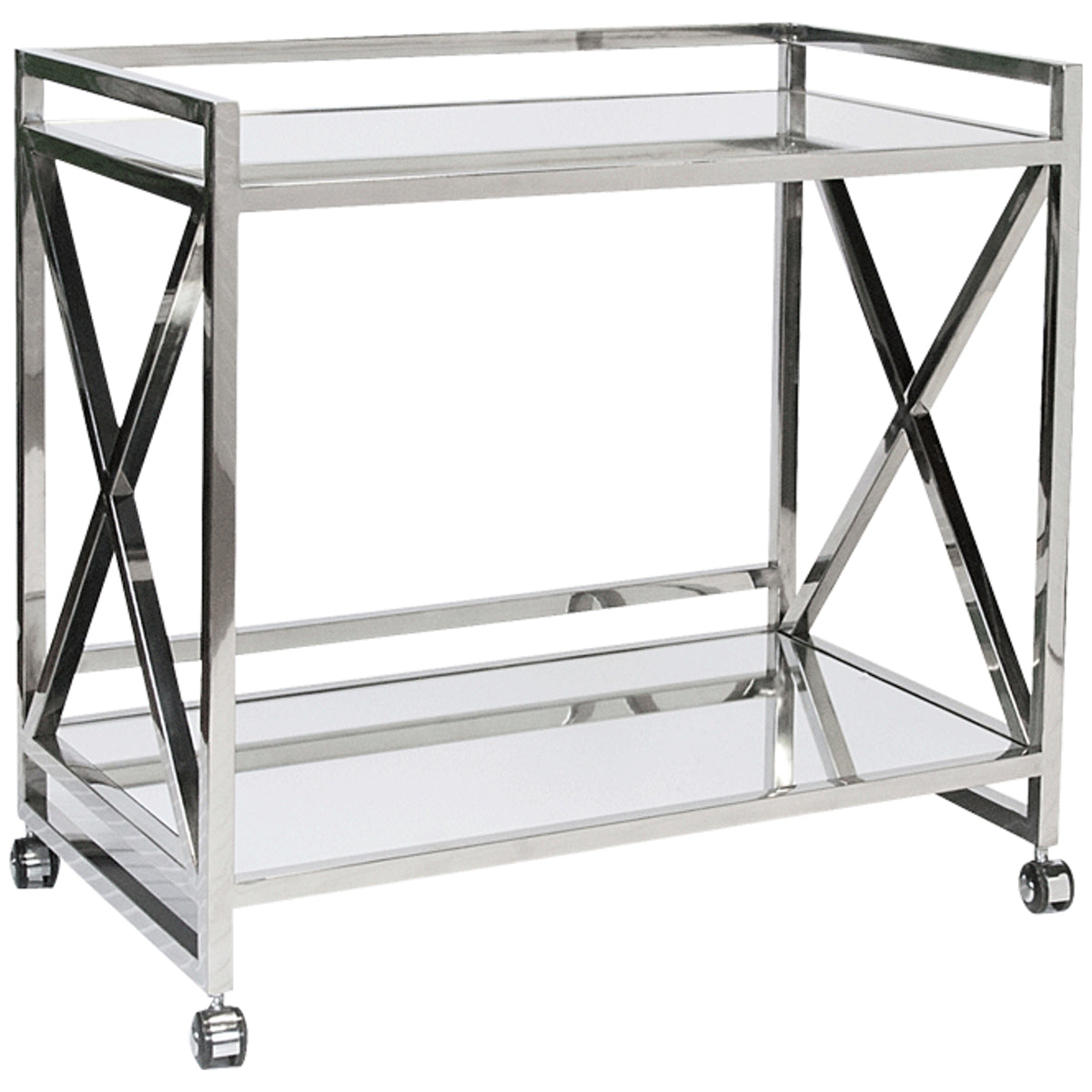 Worlds Away Polished Stainless &quot;X&quot; Bar Cart with Mirrored Shelves