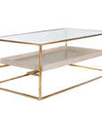 Worlds Away Glass Top Antique Brass Coffee Table with Floating Shelf