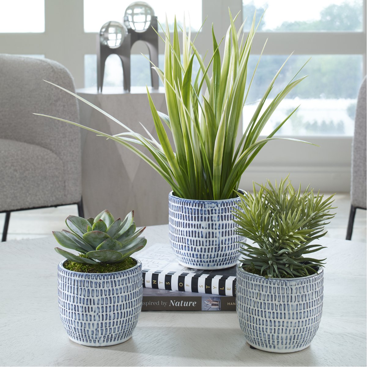 Uttermost Puebla Greenery in Blue &amp; White Pots, 3-Piece Set