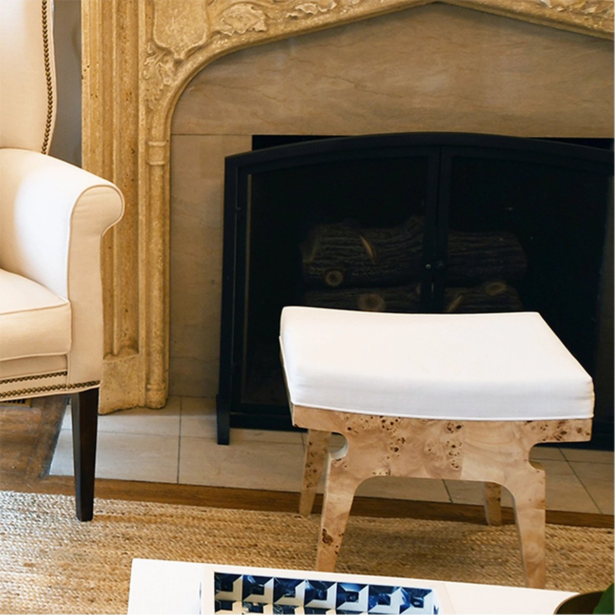 Worlds Away Fergie Rectangular Stool in Burl Wood