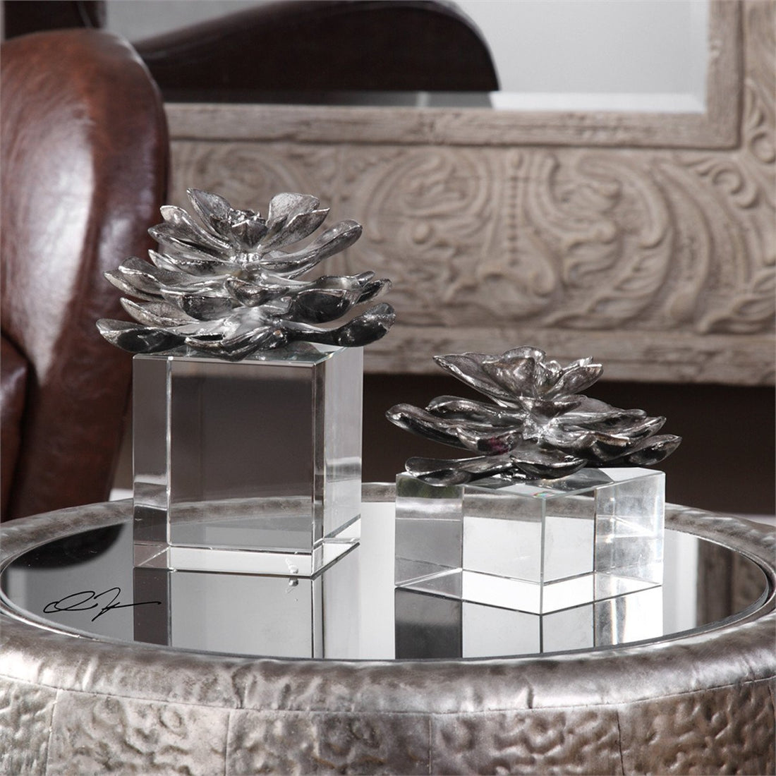 Uttermost Indian Lotus Metallic Silver Flowers, 2-Piece Set