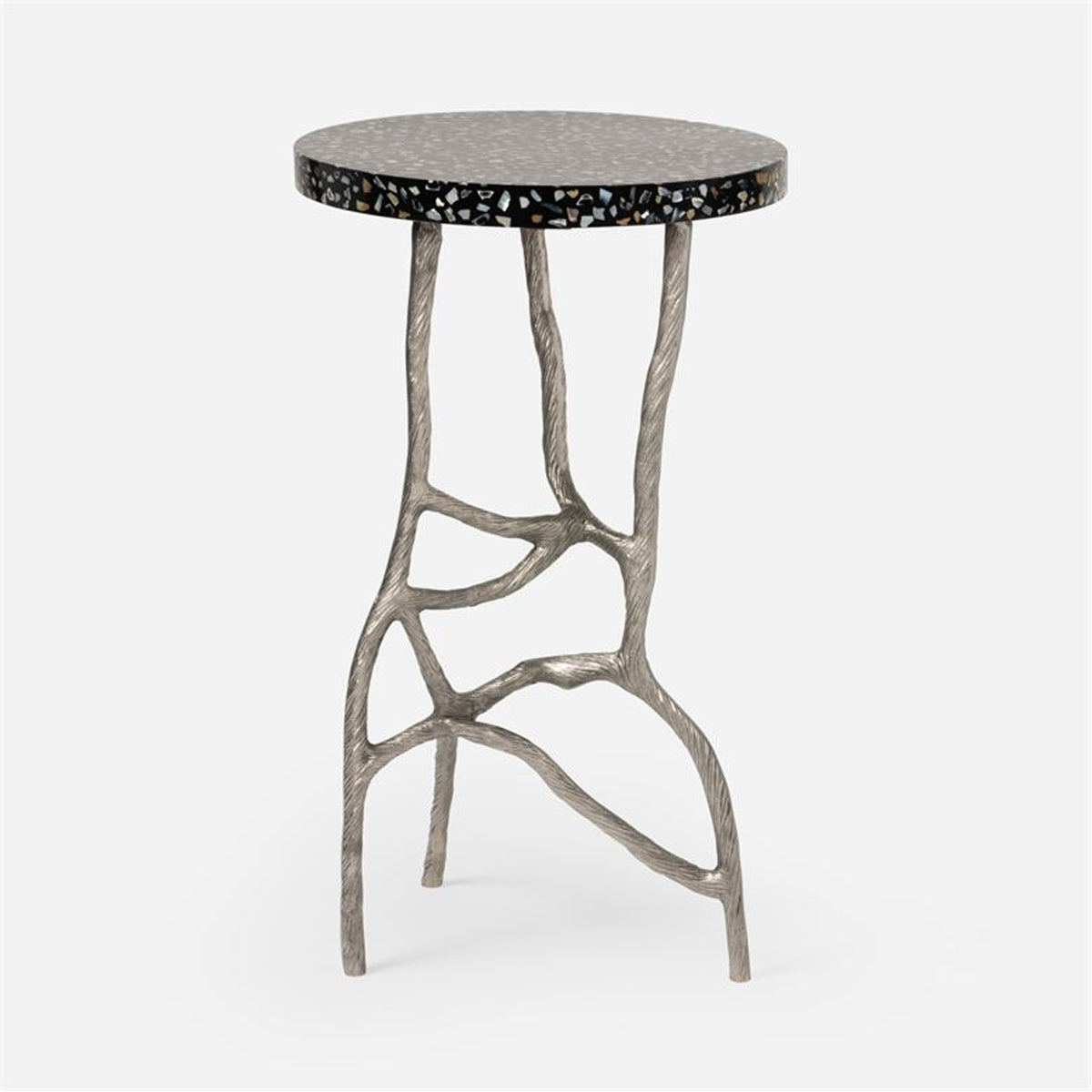 Made Goods Genevier Brass Tripod Base Side Table in Resin/Mop Shell