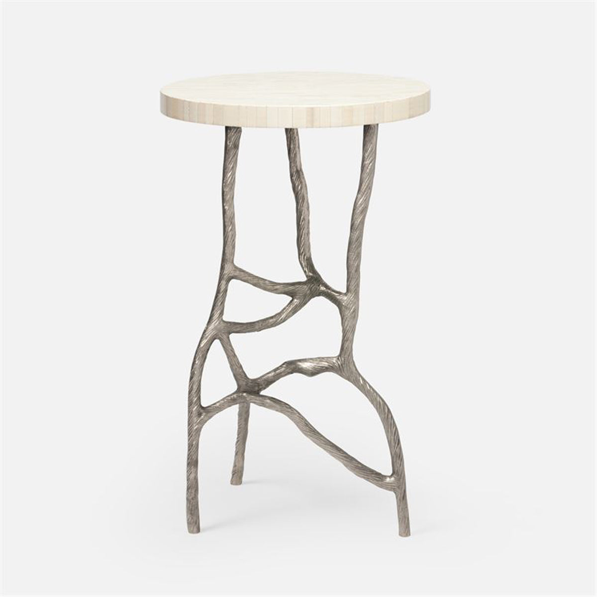 Made Goods Genevier Brass Tripod Base Side Table in Natural Bone