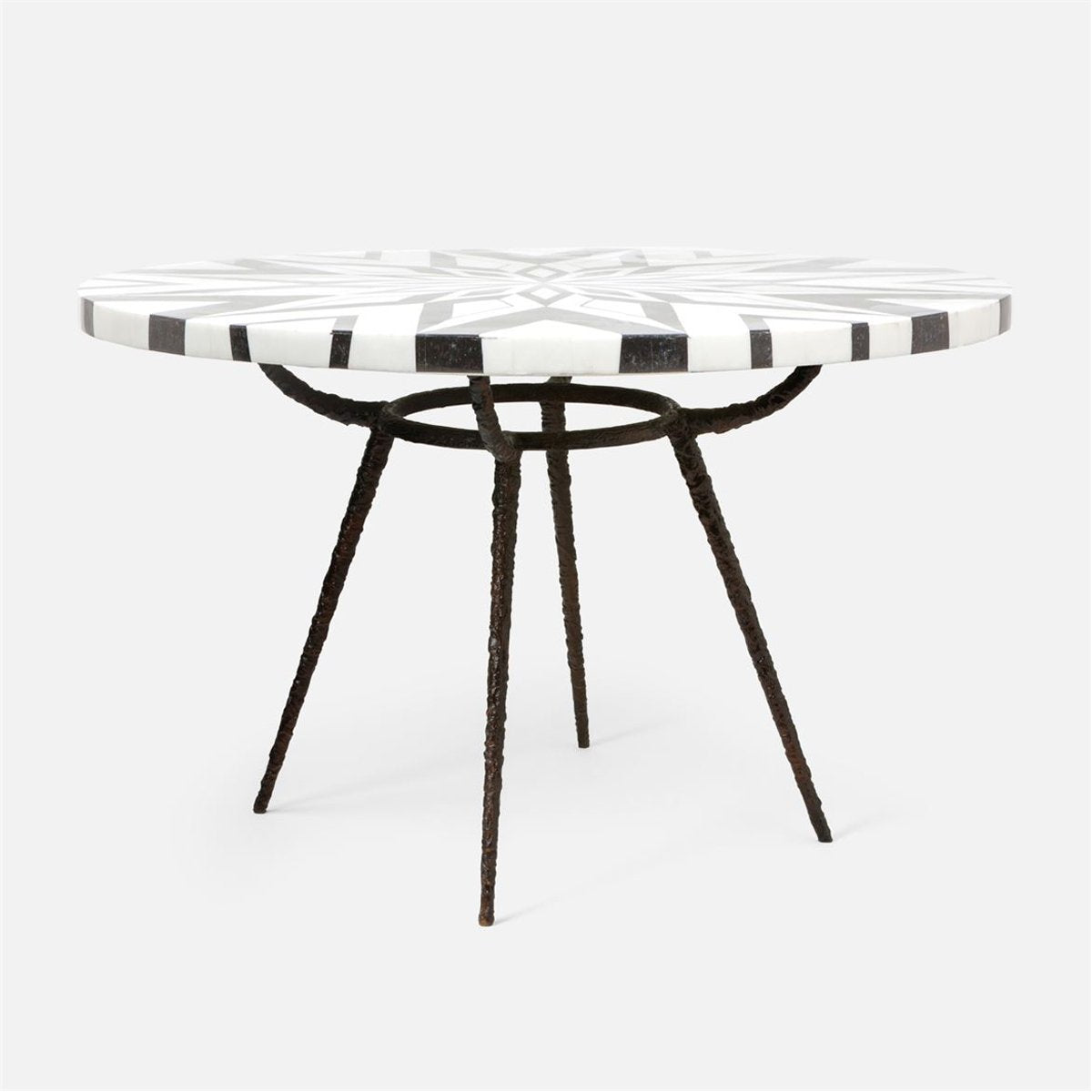 Made Goods Grace Pitted Iron Dining Table in Black/White Geometric Marble