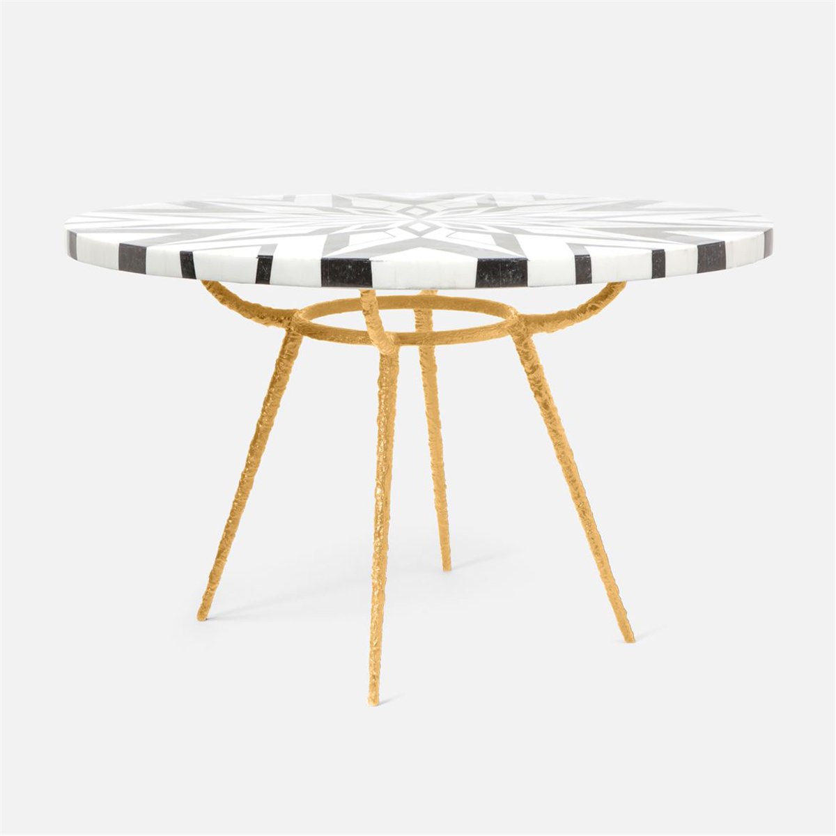 Made Goods Grace Pitted Iron Dining Table in Black/White Geometric Marble