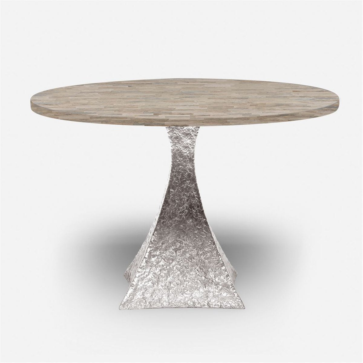 Made Goods Noor Round Metal Dining Table in Warm Gray Marble
