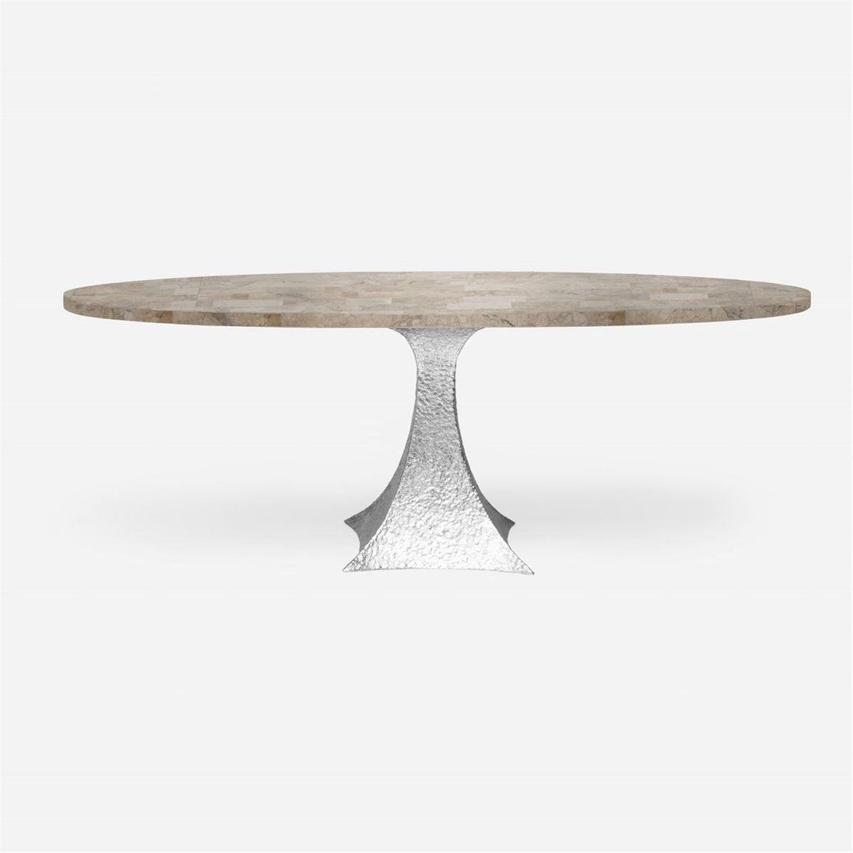Made Goods Noor Oval Single Base Dining Table in Warm Gray Marble