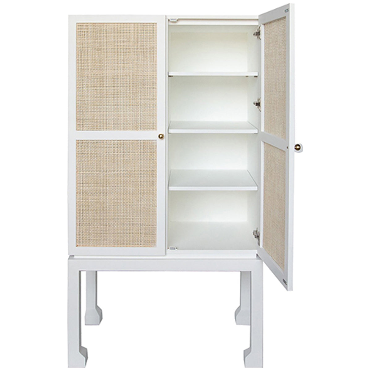 Worlds Away Bar Cabinet in Matte White with Natural Cane Doors
