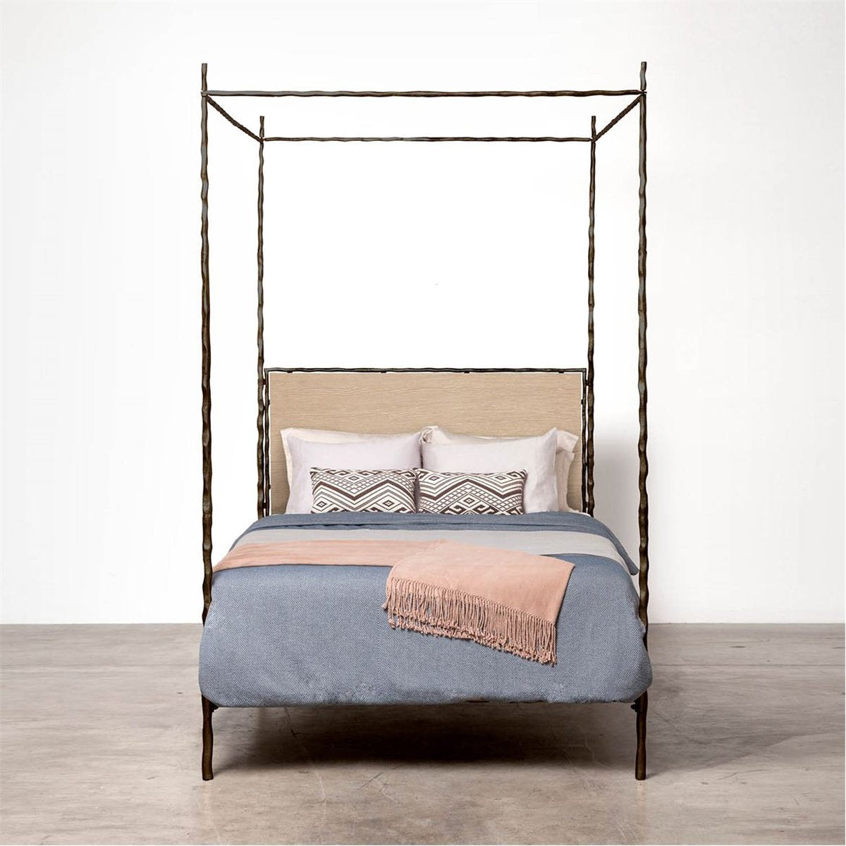 Made Goods Brennan Short Textured Iron Canopy Bed in Beige Crystal Stone