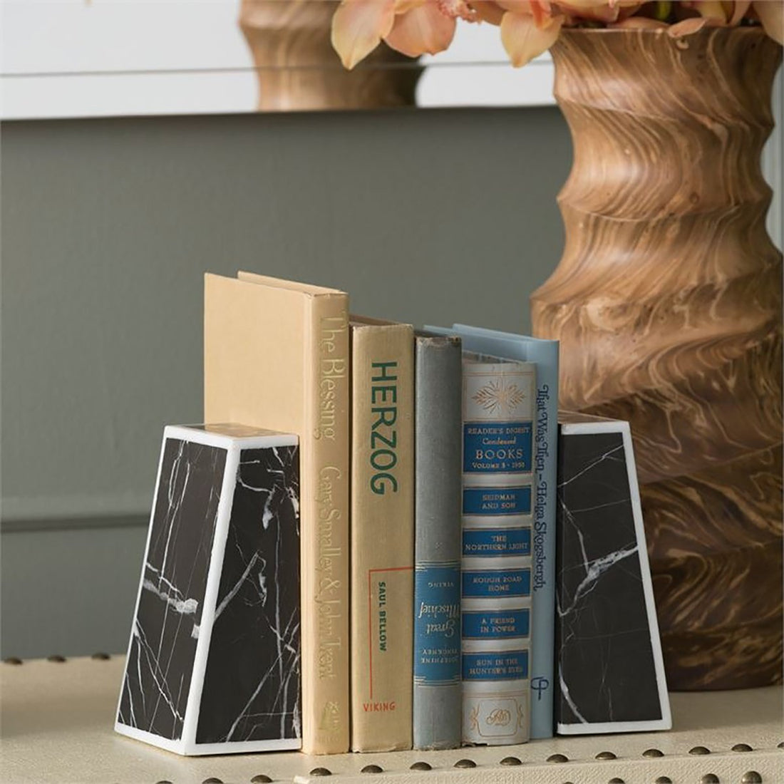 Made Goods Griffen Nero Marble Outdoor Bookends with White Border, 2-Piece Set